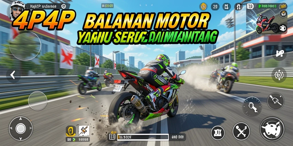 Screenshot gameplay 4P4P menampilkan balapan motor yang seru di trek yang menantang.