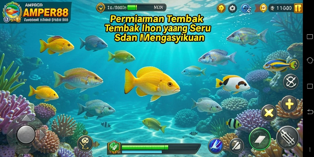 Screenshot gameplay AMPER88 dengan ikan-ikan yang berwarna-warni.