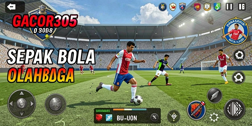 Tampilan utama gameplay GACOR305 yang menampilkan aksi sepak bola.