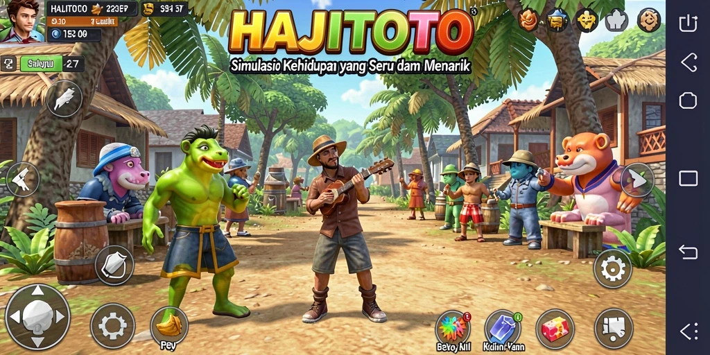 Screenshot utama HAJITOTO menunjukkan karakter sedang berinteraksi di dunia virtual.