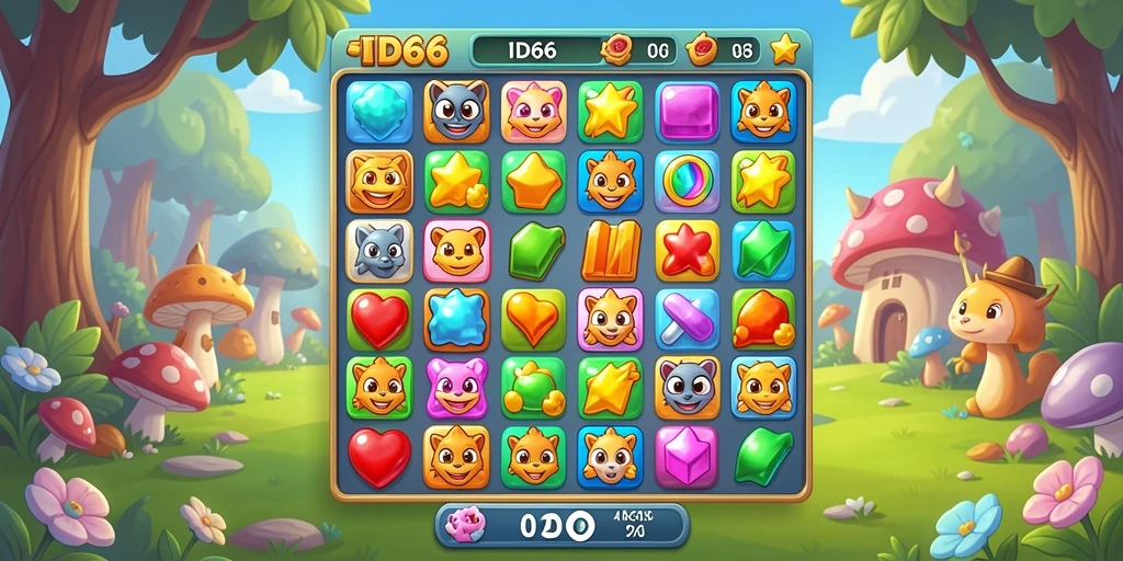 Tampilan gameplay ID66 yang menarik dan penuh warna saat mencocokkan permata.