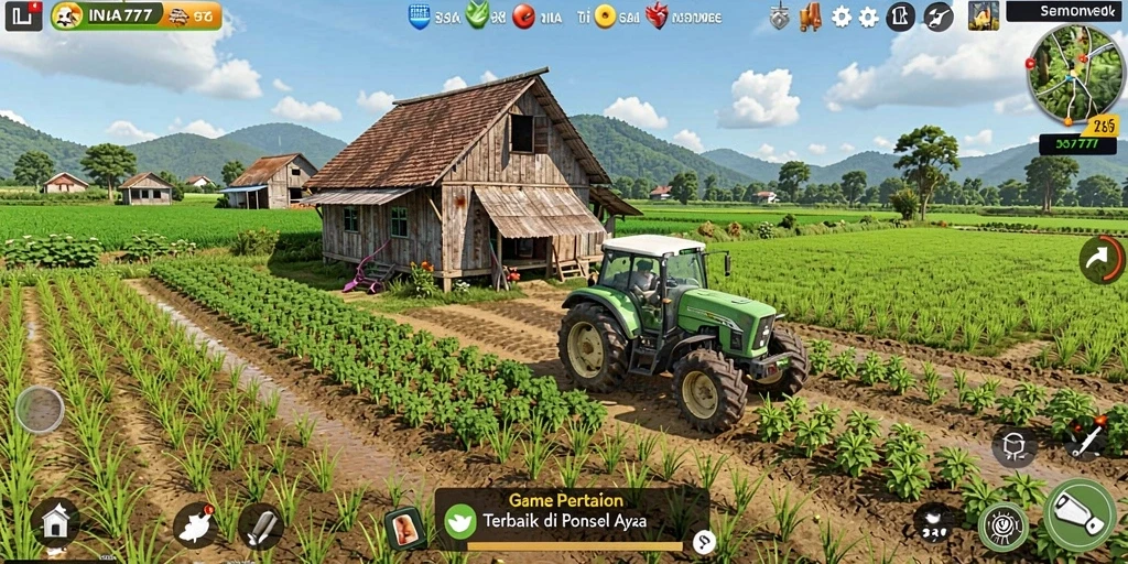 Screenshot utama INA777 menampilkan ladang subur dengan tanaman yang beraneka ragam.