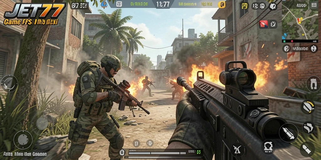 Gameplay utama JET77 menampilkan aksi tembak-menembak yang intens.