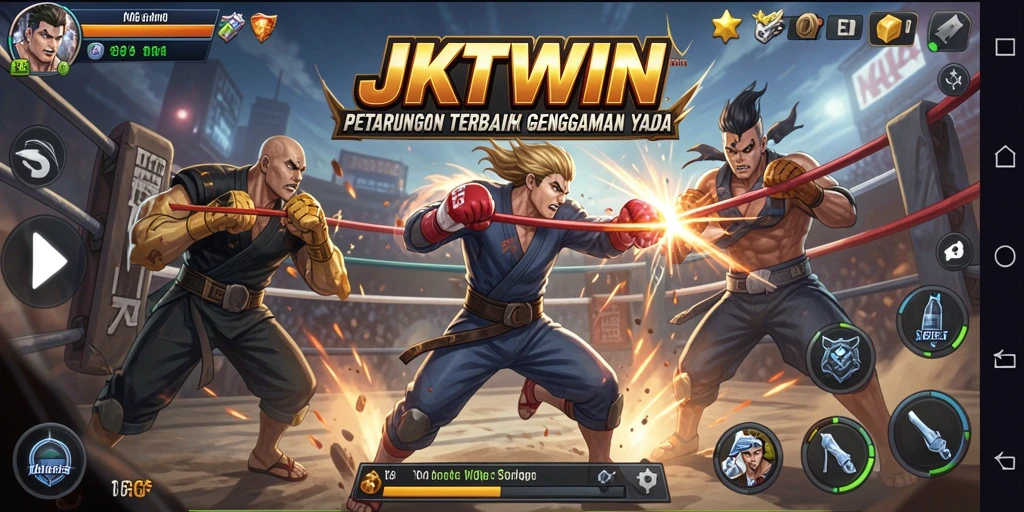 Tampilan gameplay <strong>JKTWIN</strong> dengan karakter yang sedang bertarung dalam arena yang dinamis.