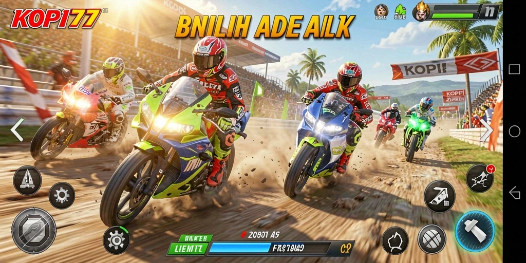 Tampilan gameplay KOPI77 yang memukau saat balapan motor.