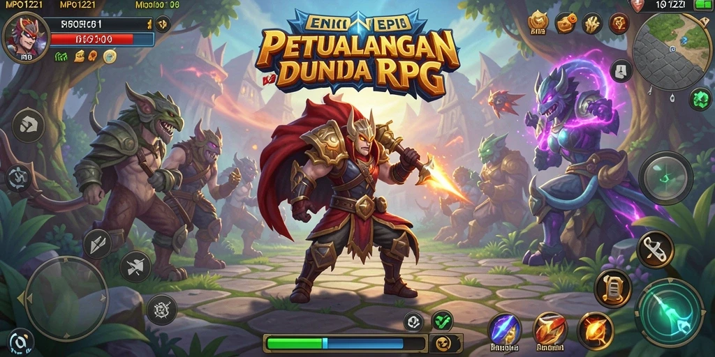 Screenshot menampilkan pertempuran epik di dunia MPO1221 yang penuh warna.
