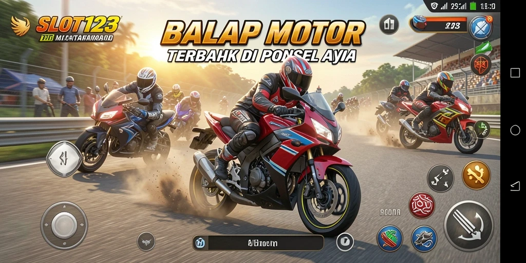 Tampilan gameplay SLOT123 yang seru dan penuh aksi balap motor.